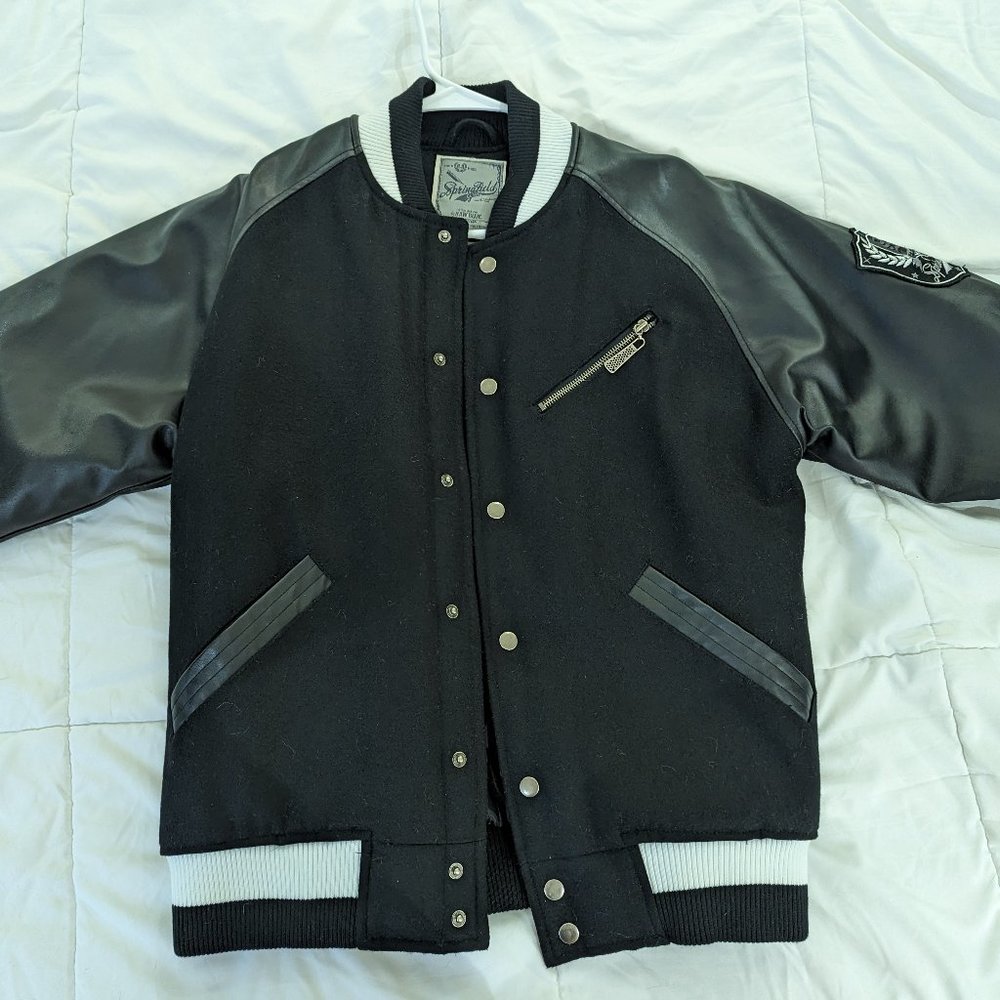 Black Varsity Leather Wool Oversized Bomber Jacket Size S (BRAND NEW)